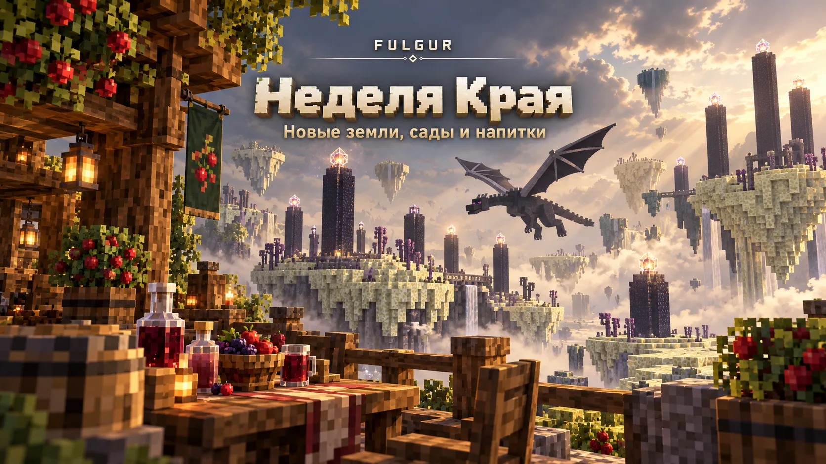 Minecraft illustration of the Ender Dragon above floating End islands, with a wooden tavern, harvested fruit, and drinks in the foreground. Cover text: “FULGUR”, “Неделя Края” (End Week), and “Новые земли, сады и напитки” (New lands, gardens, and drinks).